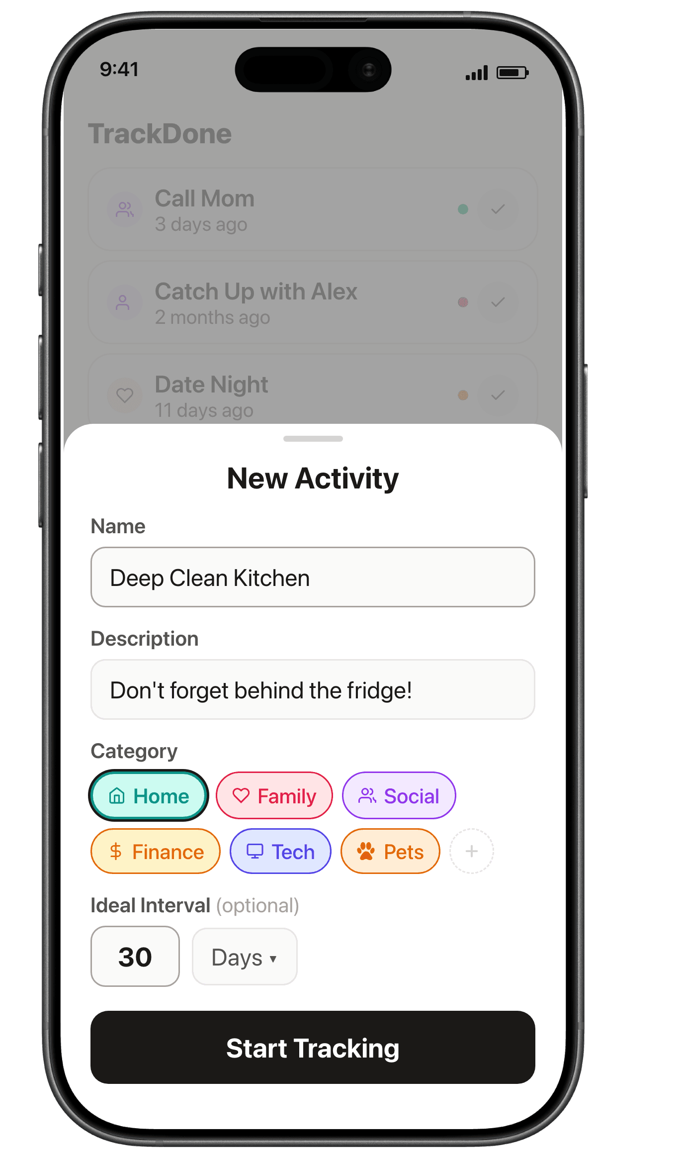 TrackDone new activity screen